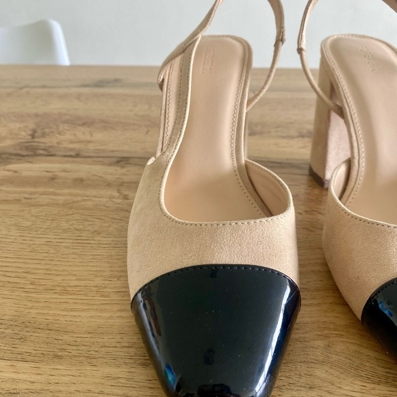 Beige & Black Cap Toe Slingback Heels | Size 8.5 | Block Heel | - Picture 4 of 6